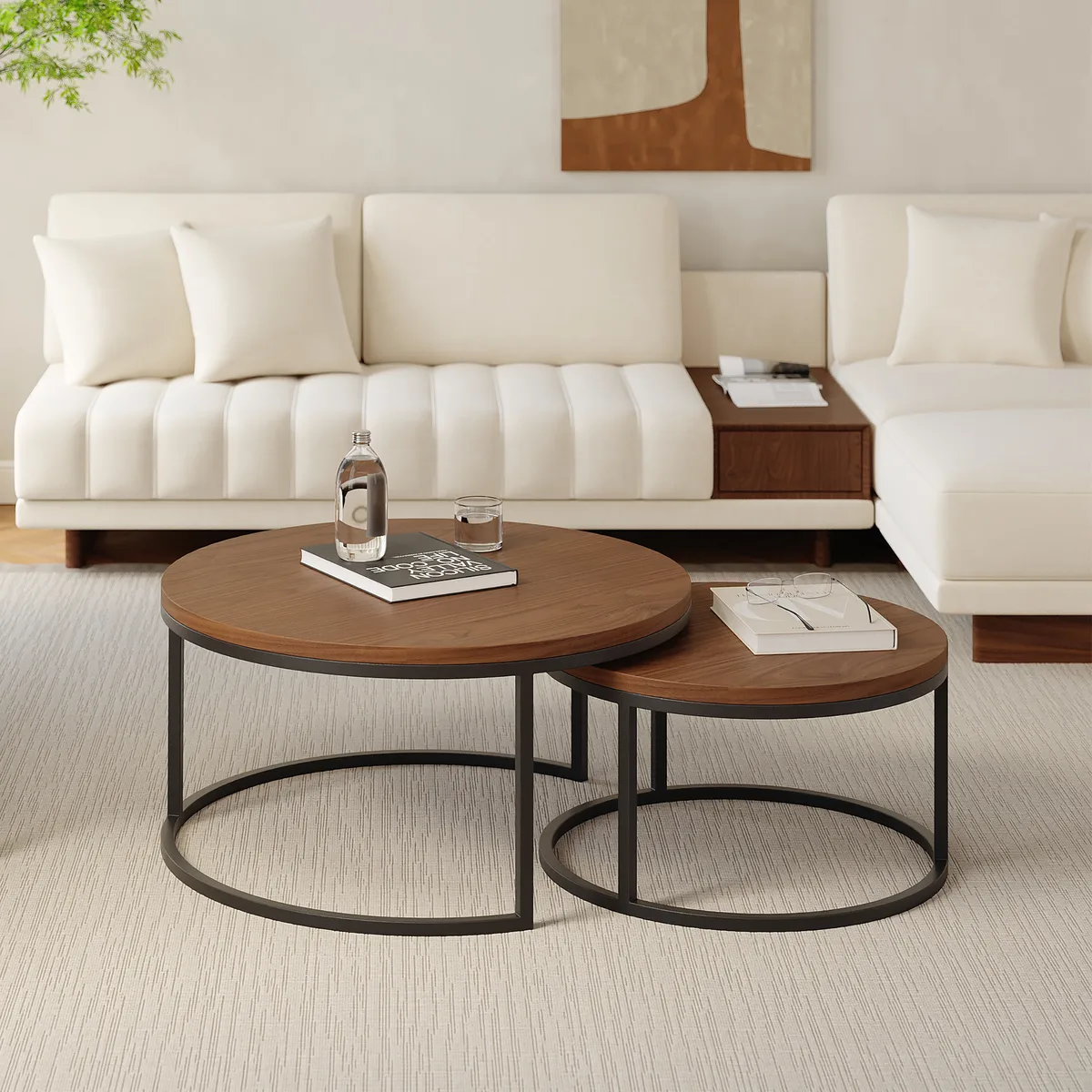 Living Room Cabinet Set Rectangle Gray Extendable TV Stand & Wood Round Nesting Coffee Table — image 29