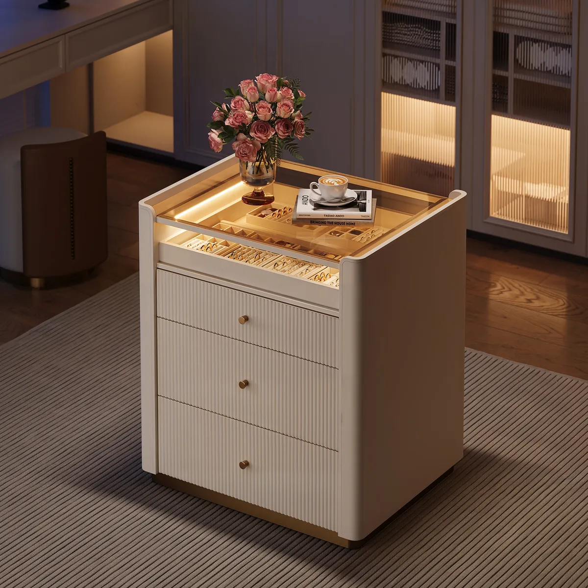 Modern Fluted Leather Closet Island 7 Drawer Dresser with Light & Jewelry Storage