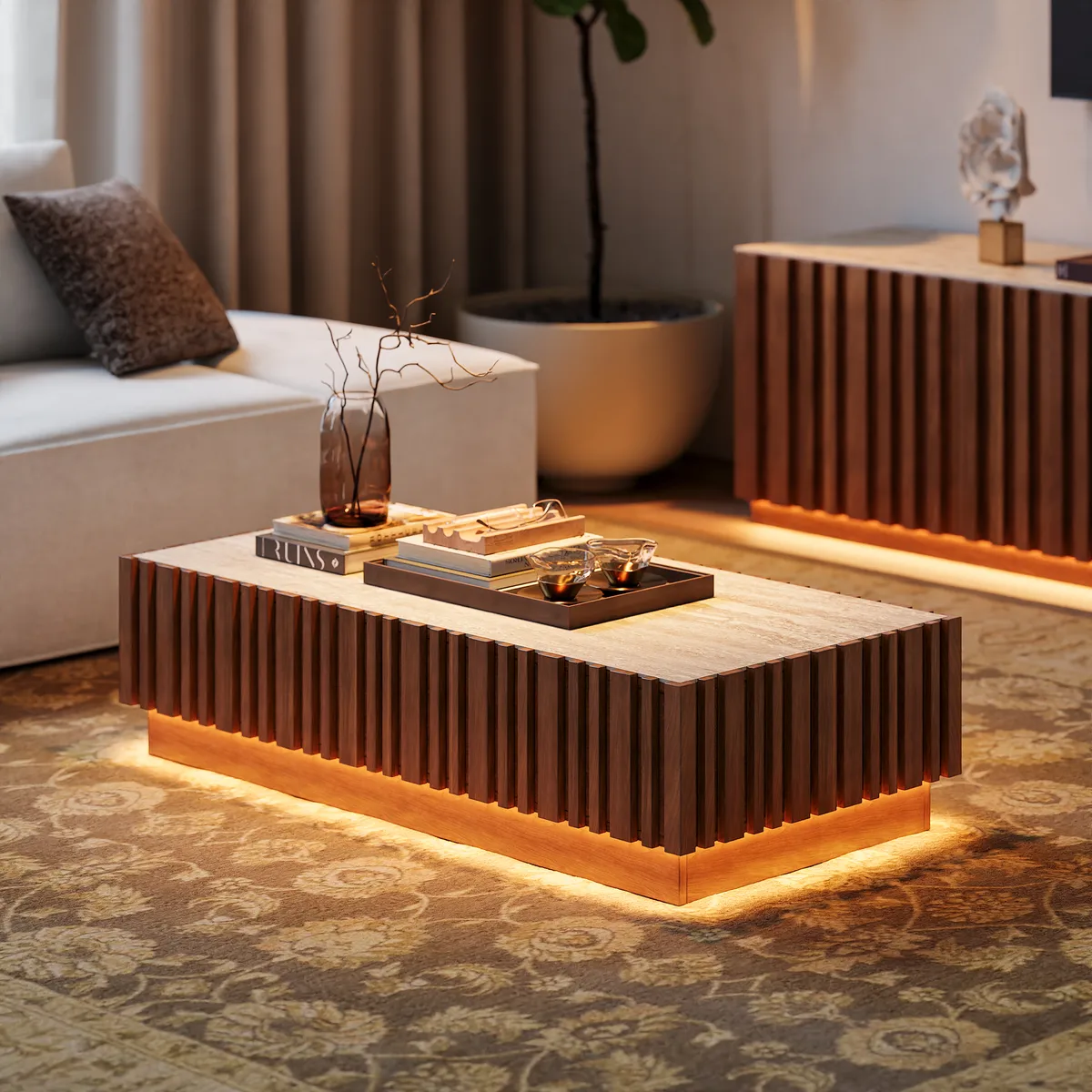 Aura 47" Ash Wood Slatted Coffee Table with Sintered Stone Top — image 14