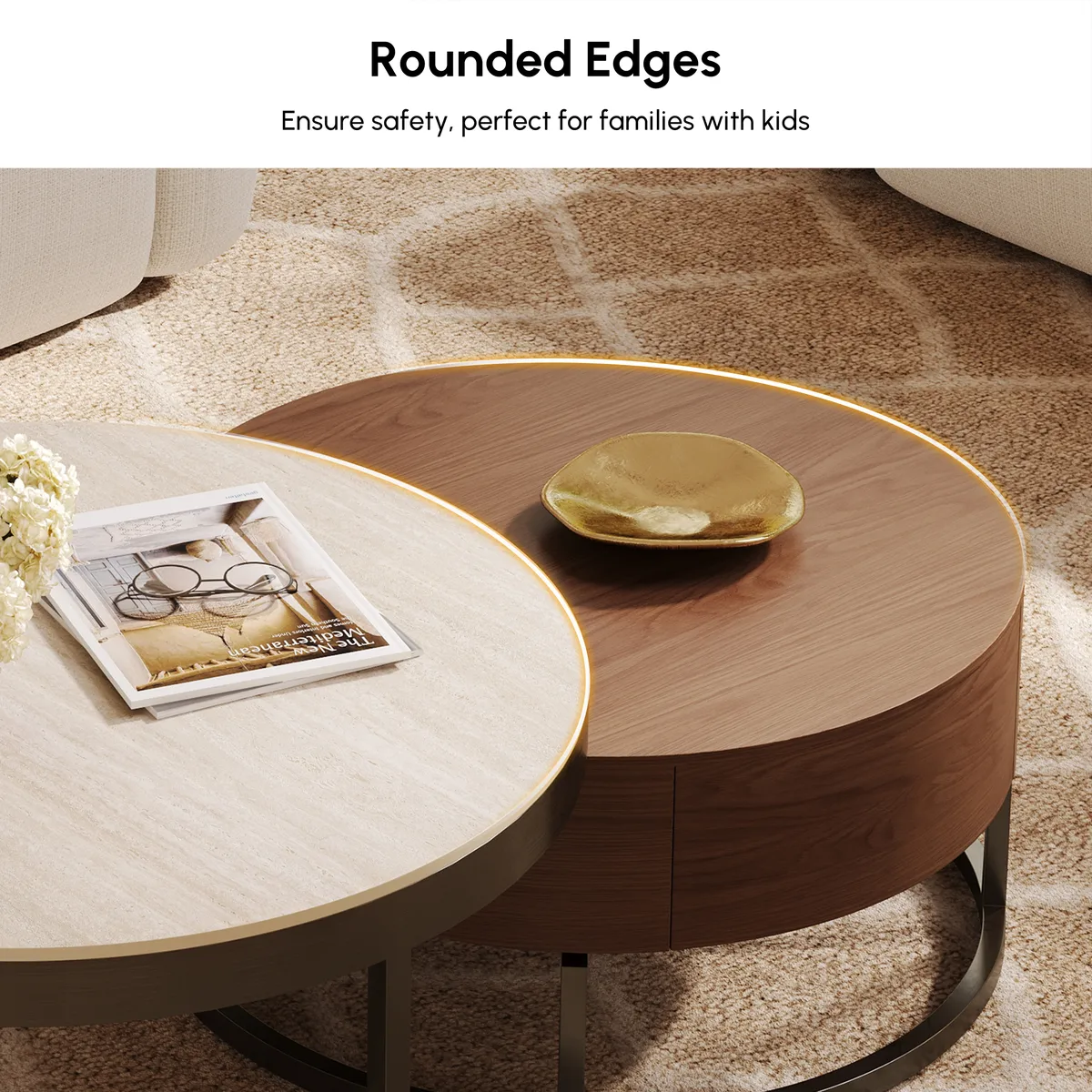 Nesnesis 28"-32" Round Nesting Walnut Coffee Table Set with Sintered Stone Top — image 10