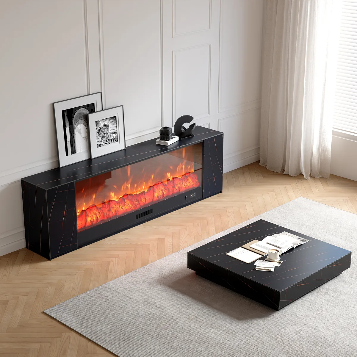 87" Modern White Marble Veneer Sintered Stone Electric Fireplace TV Stand with Remote Control Temperature Adjustable Coffee Table Set — image 13