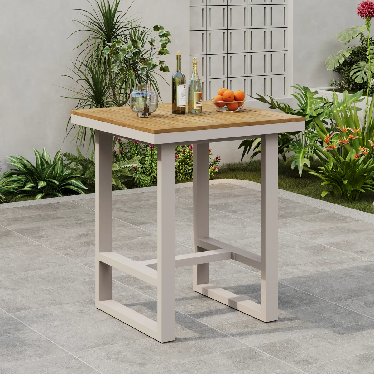 Tevara Outdoor Teak Wood Slat Top & Sand Aluminum Frame Bar Table for Patio — image 13