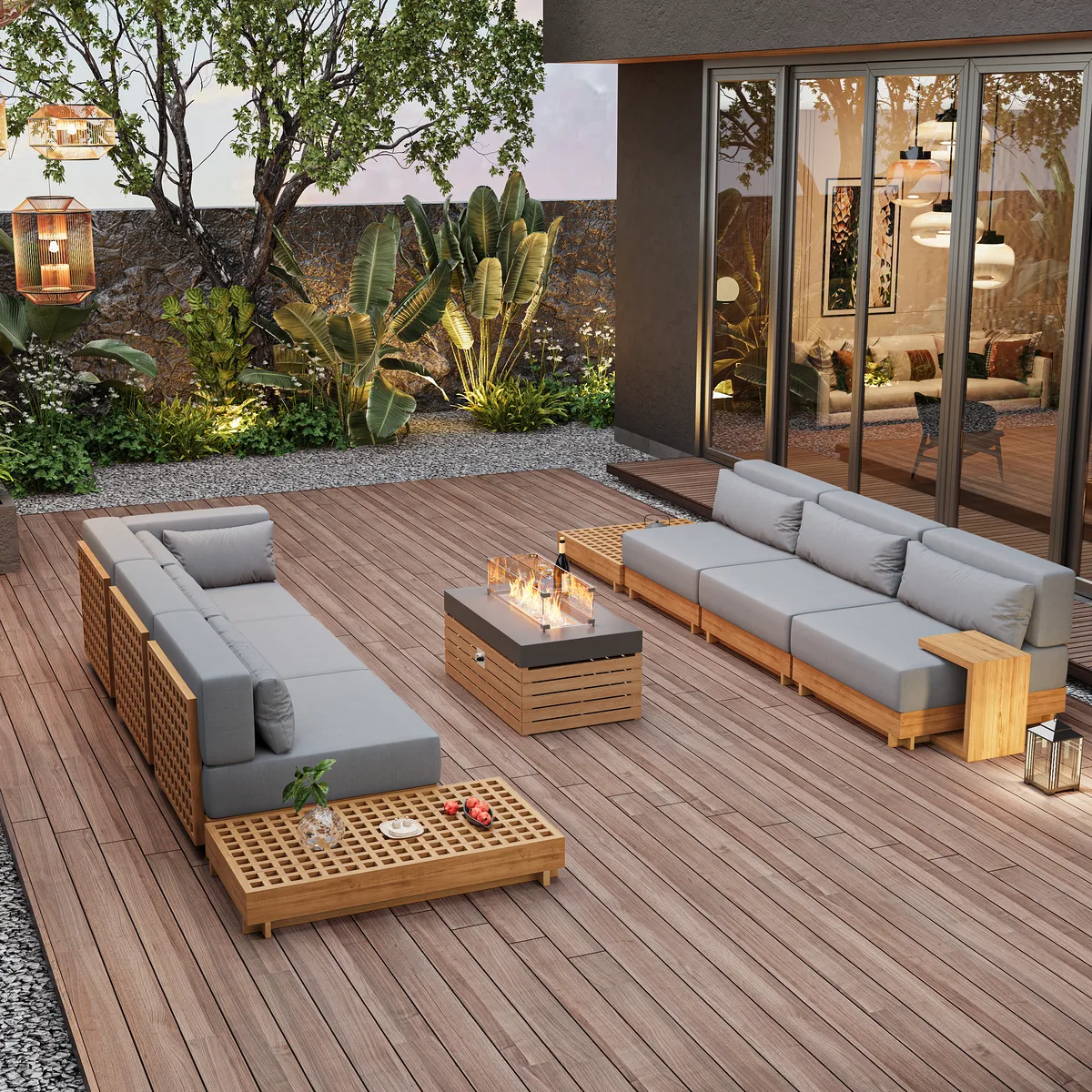 10 PCS Premium Teak Modular L-Shaped Outdoor Sofa Set with Fire Pit & Teak Coffee Table Large Outdoor & Patio Luxury Teak Sofa Set with Fire Pit — image 14