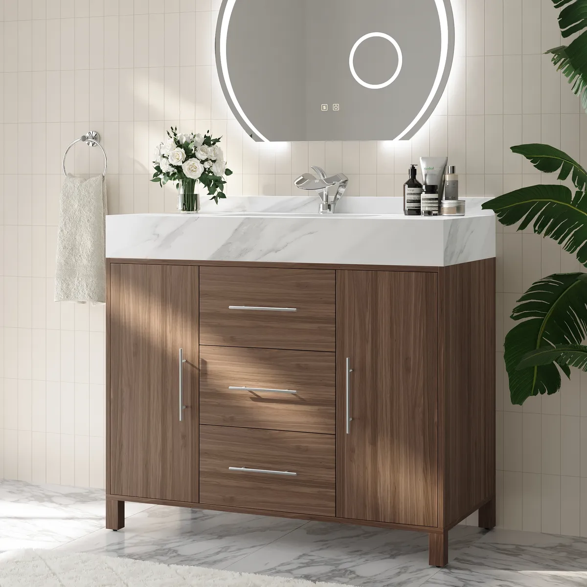 39" Walnut Freestanding Bathroom Vanity Sintered Stone Top & Silver Handles — image 12