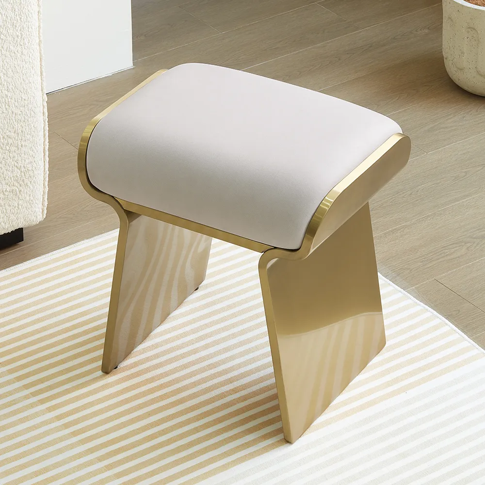 Modern Beige Backless Vanity Stool Leath-aire Upholstery & Gold Stainless Steel Frame — image 2