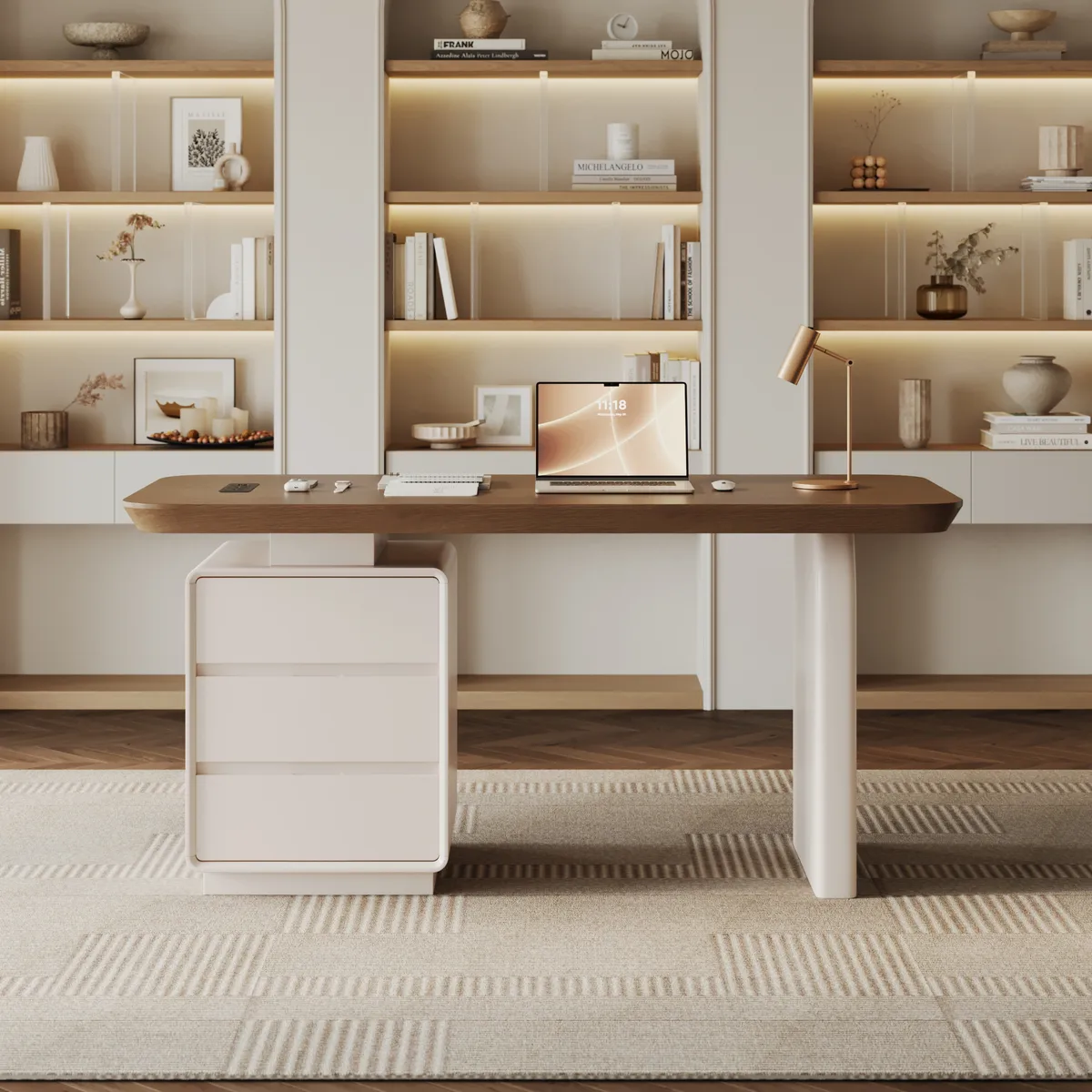 Modern 63” Rectangular Walnut Wood Desk with charging station & storage — image 2