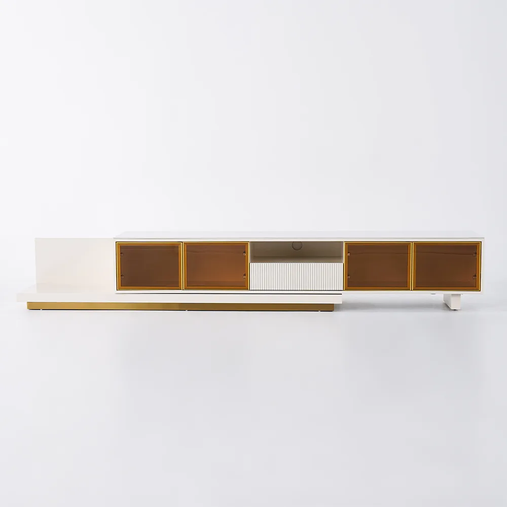 LED Light Extendable TV Stand Light Khaki Floor Media Console with Glass Door & Drawers — image 15