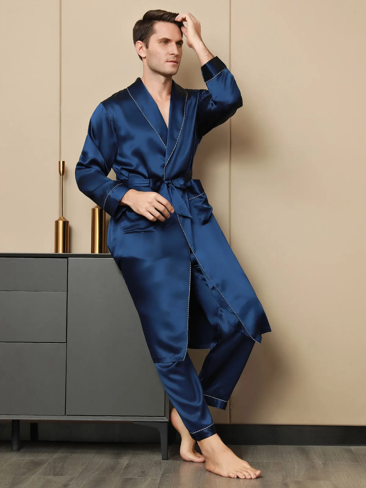 100% Mulberry Silk Contrast Piping Shawl Collar Men's Robe (Without Pants) — image 5