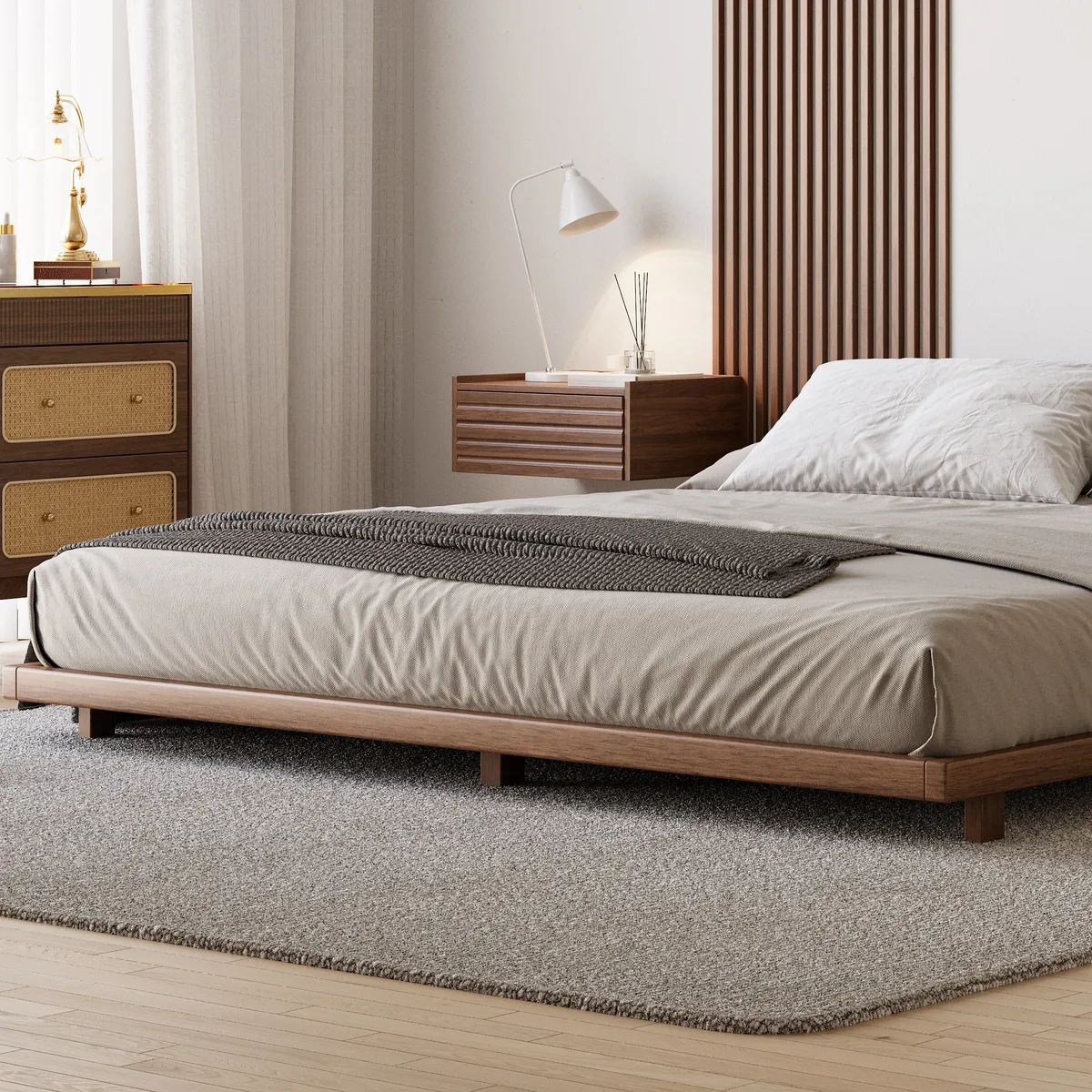 Wooden Floating Nightstand Modern Bedside Table with Charging Station Japanese Style — image 25
