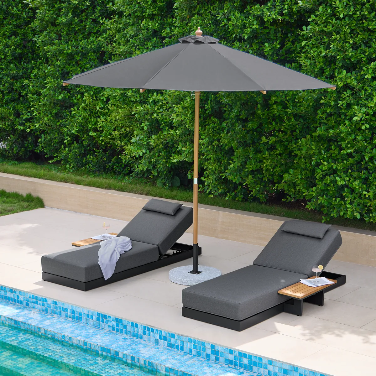 Tevara Single Outdoor Teak & Aluminum Adjustable Chaise Lounge with Black Cover — image 3