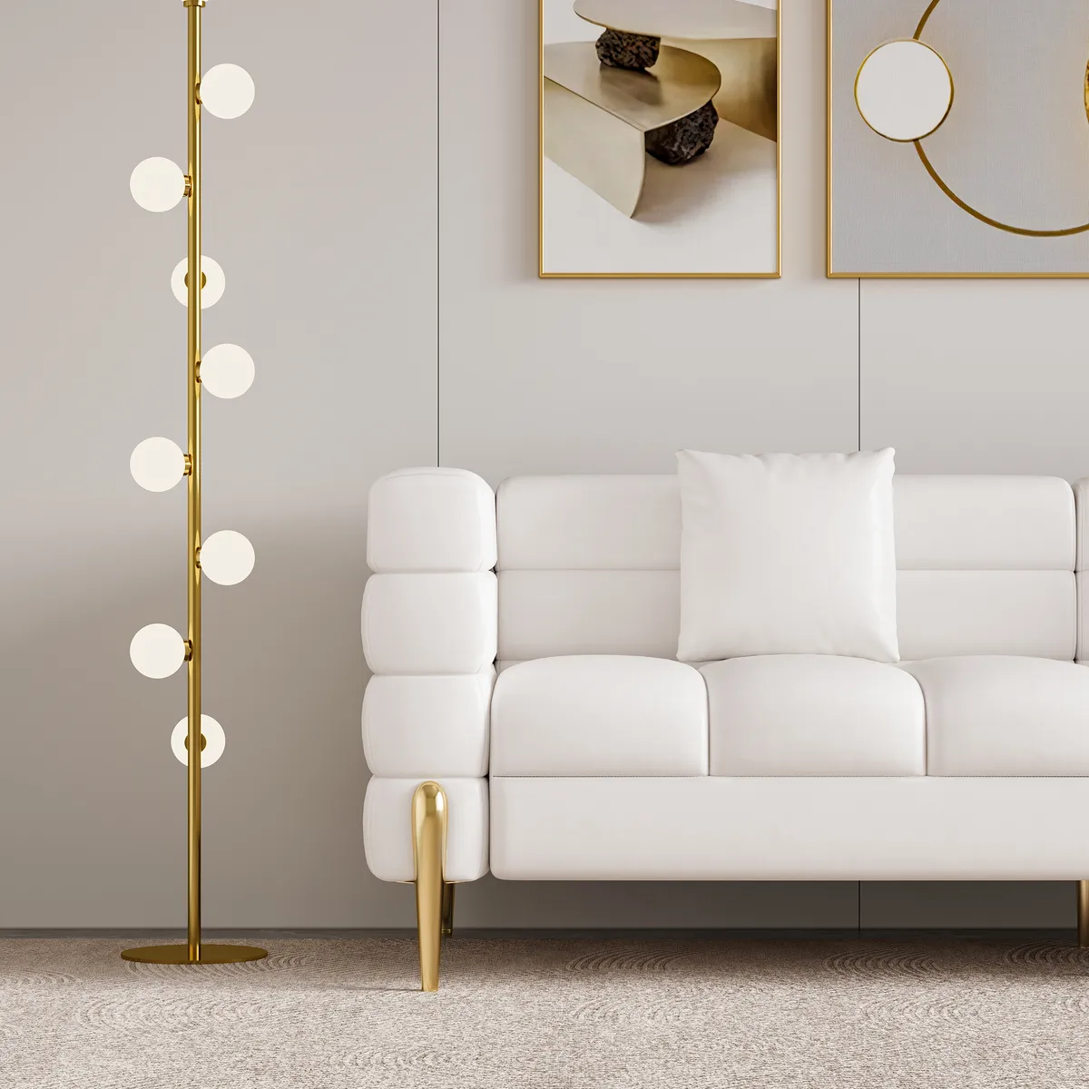 Round 2-Piece Nesting Set Sintered Stone Top Beige Coffee Table with Drawer 78.7" Modern White Boucle Upholstered Fluted 3-Seater Sofa — image 17