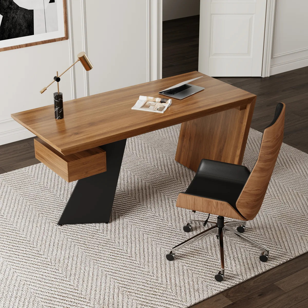 Black Faux Leather Office Chair Desk Chair with Wheels & Adjustable Height — image 5