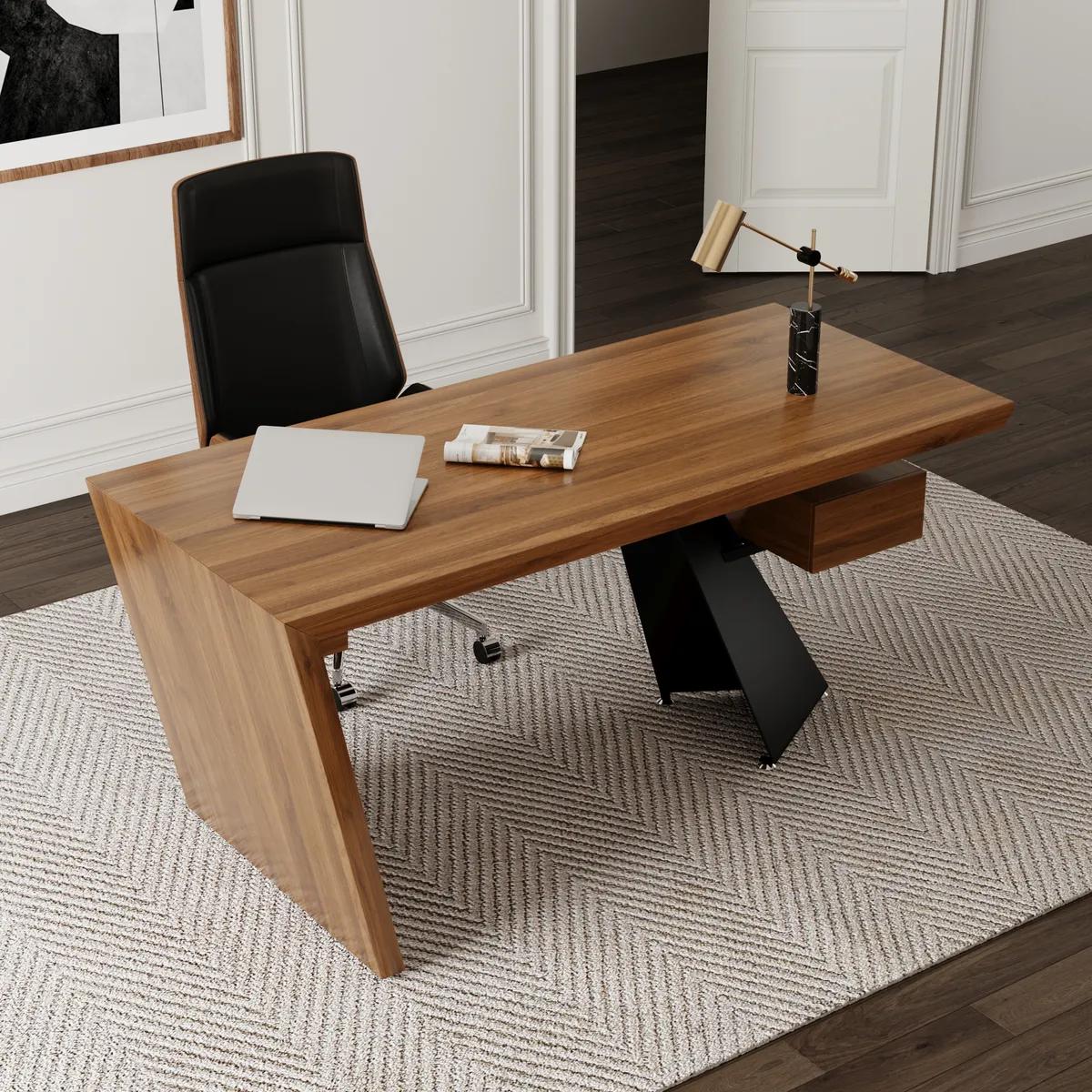 Set Industrial Distressed Wood Writing Desk Black Faux Leather Office Chair (70.9") — image 2