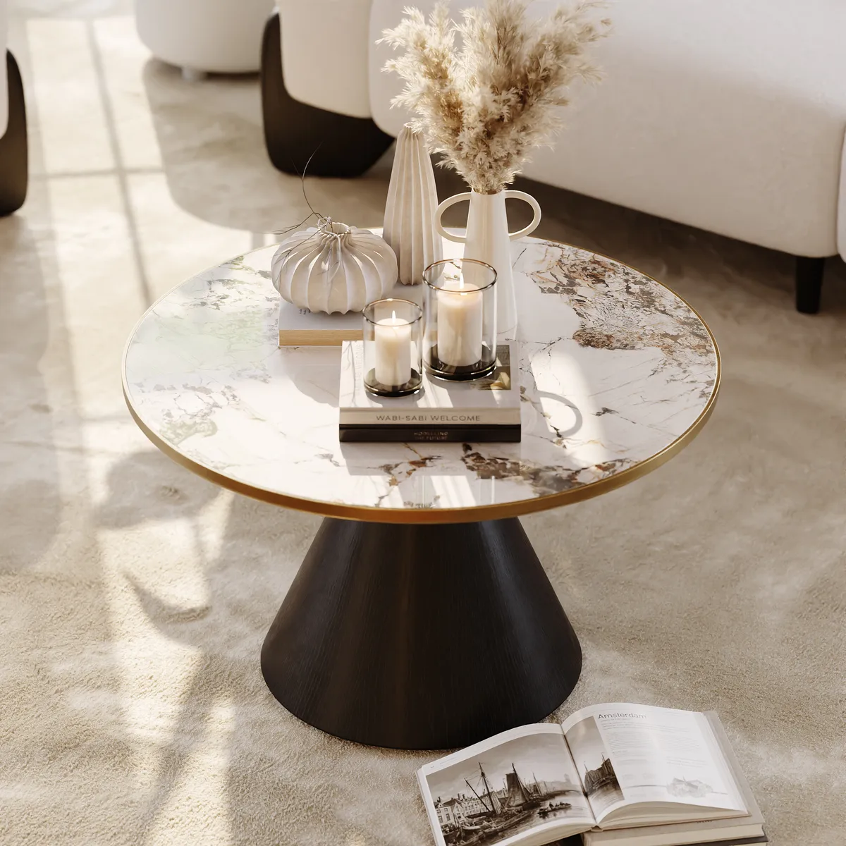 Sintered Stone Round Coffee Table Modern Black Living Room Furniture — image 6
