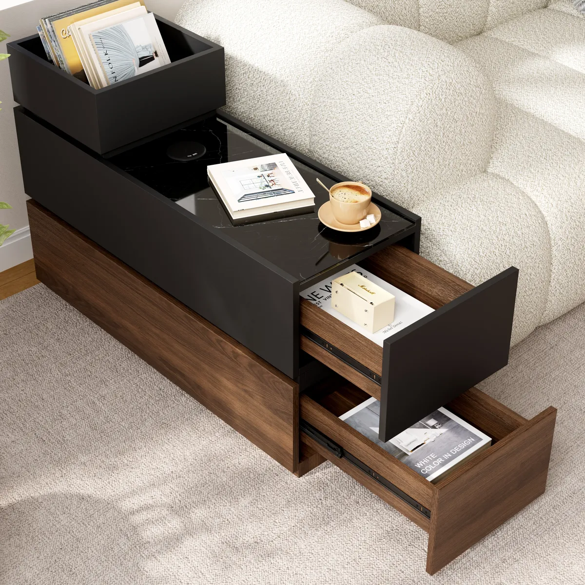 Travertine Stone Top Narrow Smart Side Table with Storage Modern Walnut End Table with USB Charging — image 4