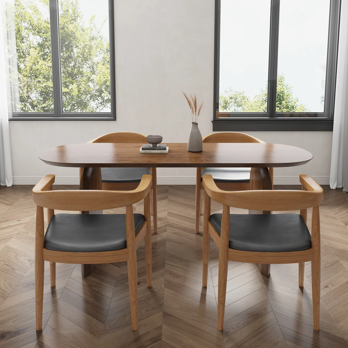 Dining Table Set 70.9" Oval Solid Wood Dining Table & 4 Walnut Japandi Rattan Dining Chairs — image 16