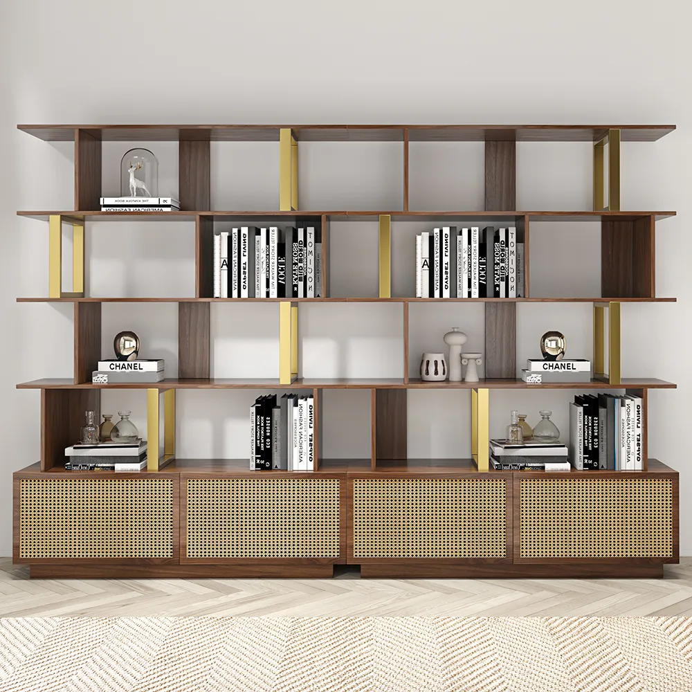 5-Tier Black Wood Bookshelf with 2 Doors Modern Bookcase in Gold Finish — image 24