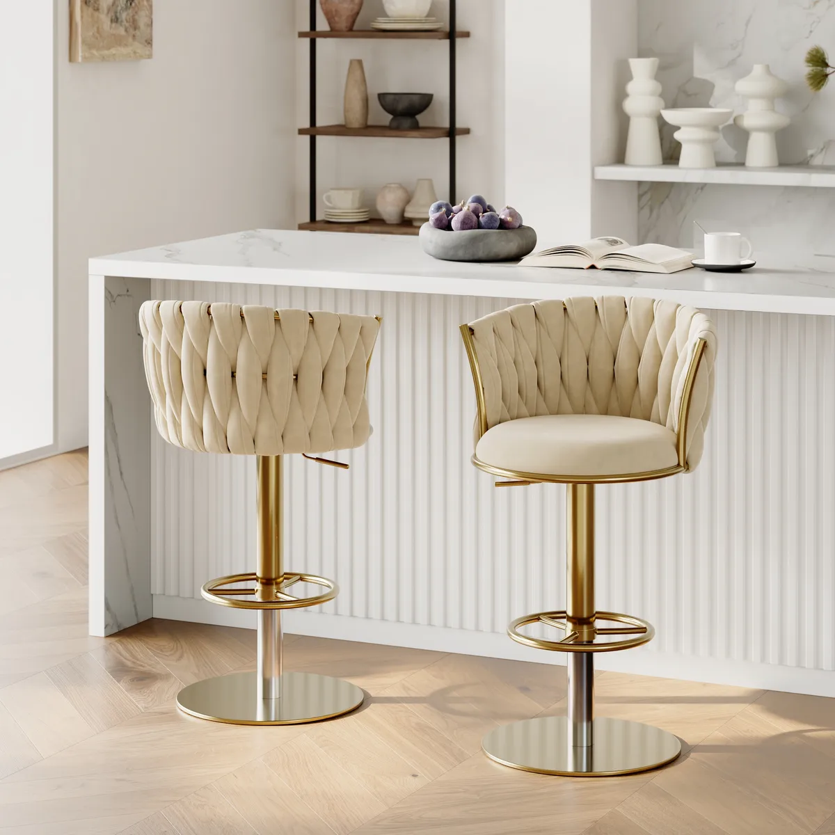 Sweave Set of 2 Gray Swivel Bar Stools Velvet Curved Back Adjustable Height — image 5