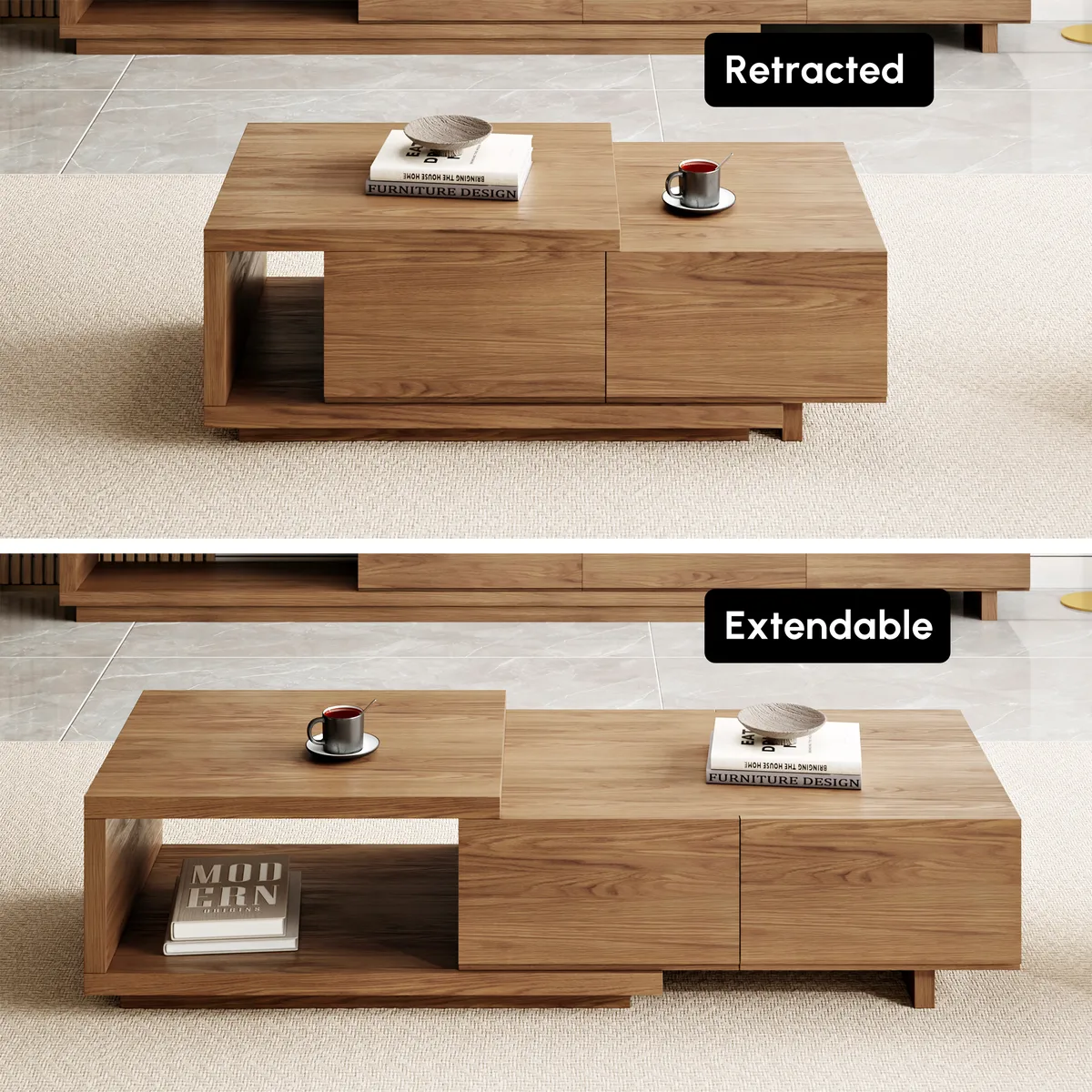 Quoint 68.9" Modern White Coffee Table Retracted & Extendable with 2-Drawer — image 29