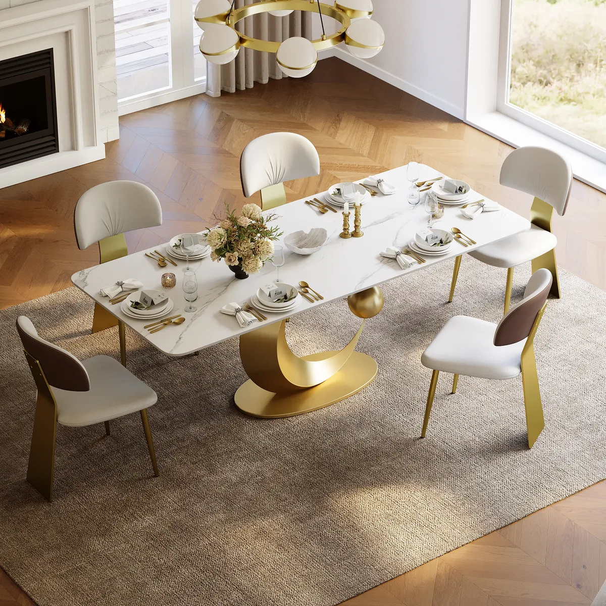 Dining Set 71.3" Rectangle Sintered Stone Table with 6 Chairs