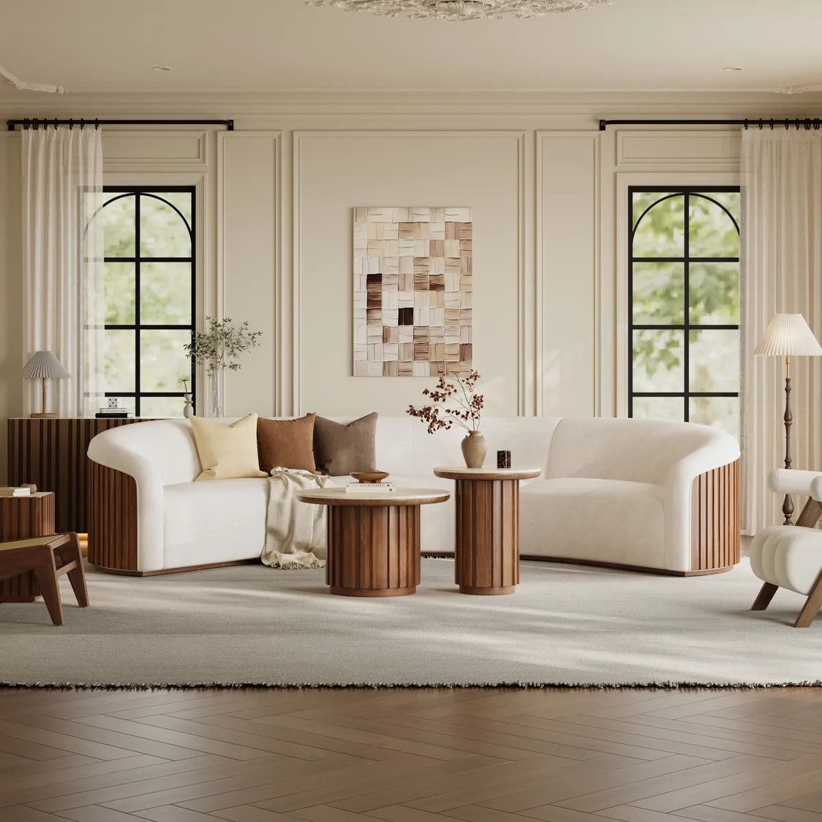 Aura Ash Wood Slatted Round Coffee Table with Sintered Stone Top — image 5