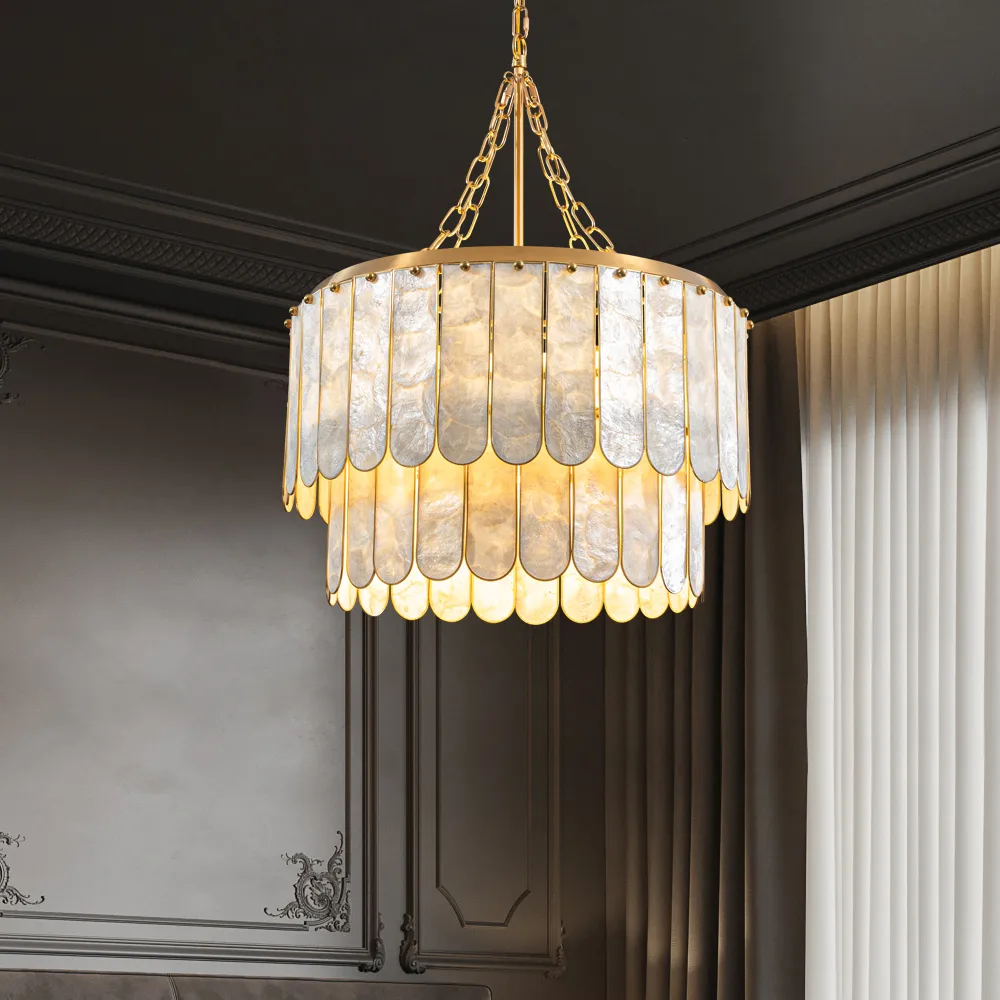 Enseo Coastal 8-Light Capiz Shell 2 Tiered Faceted Chandelier Pendant Light
