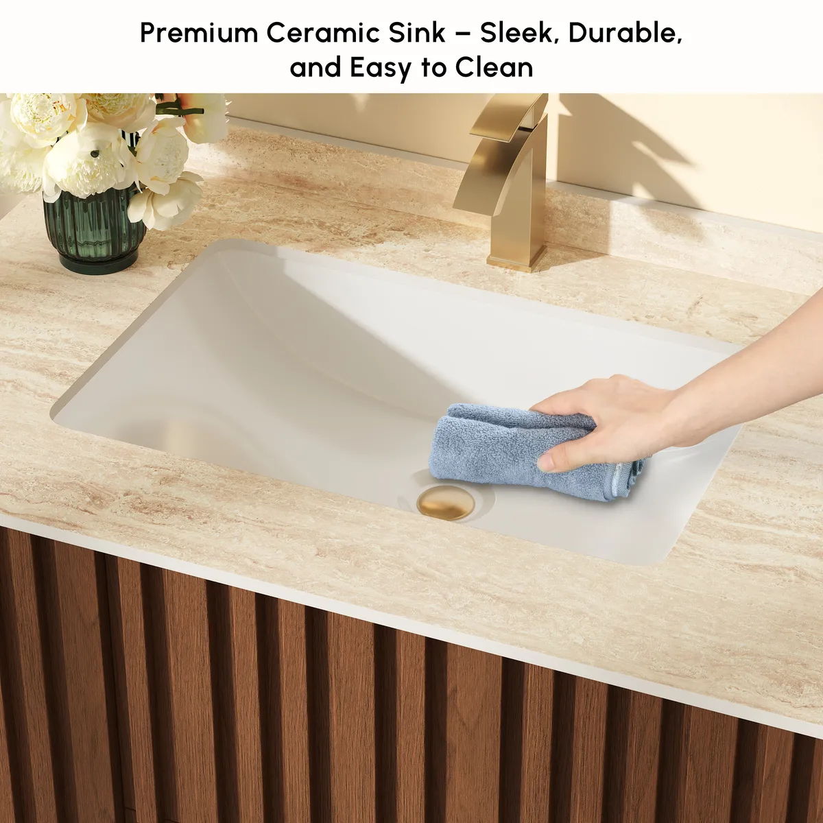Aura 36" Bathroom Vanity with Light Ash Wood Slatted Panels Faux Travertine Top — image 5