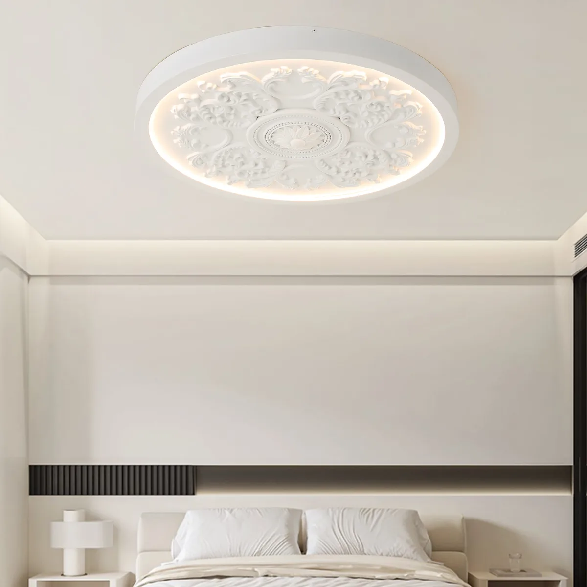 French Elegant White Resin 3D Carved LED Dimmable Flush Mount Ceiling Light — image 23
