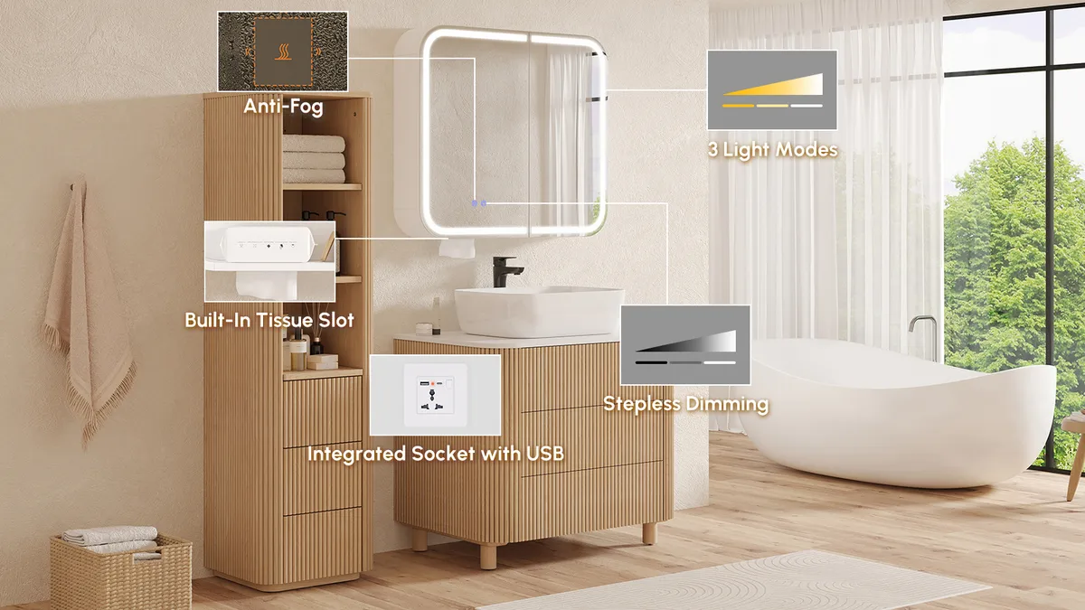31" LED Bathroom Mirror Cabinet with Defogger, 3-Color Light, Tissue Slot — image 6