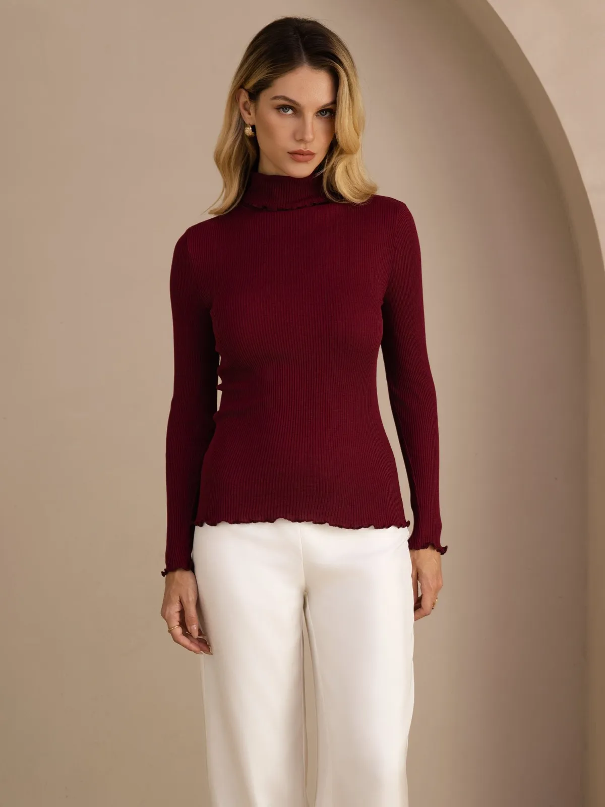 Silk-Cotton Women's Basic Turtle Neck Long Sleeve Top