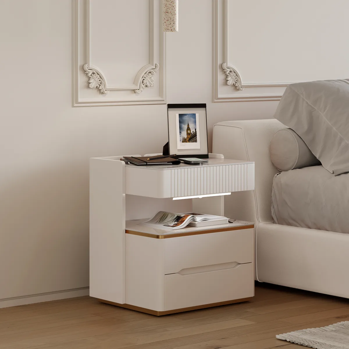 Modern Smart Nightstand with Wireless Charger & Sensor Light & Bluetooth Speakers Sintered Stone Bedisde Table — image 6