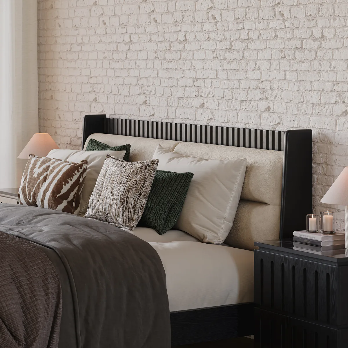 Modern Black Queen Size Solid Wood Bed with Boucle Headboard Pillows — image 9