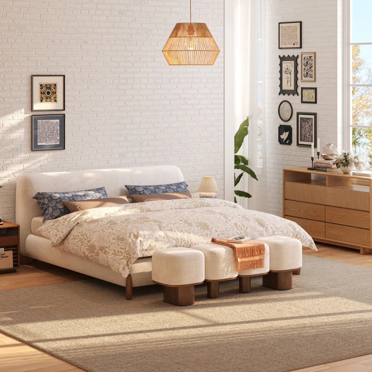 Modern White Boucle Platform Bed Queen Size Bed Frame with Upholstered Headboard — image 23