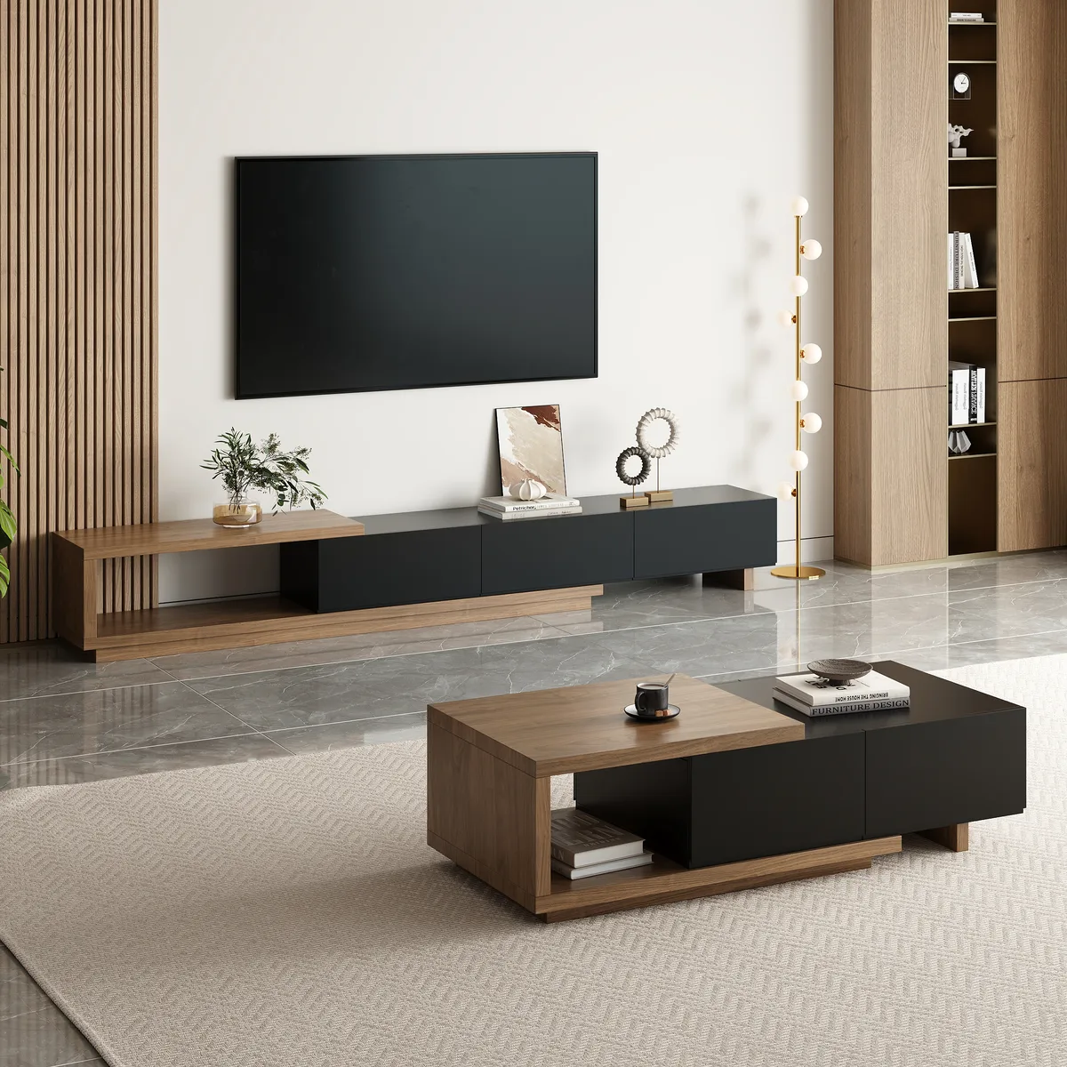 Living Room Cabinet Set Extendable TV Stand & Retracted Coffee Table Set