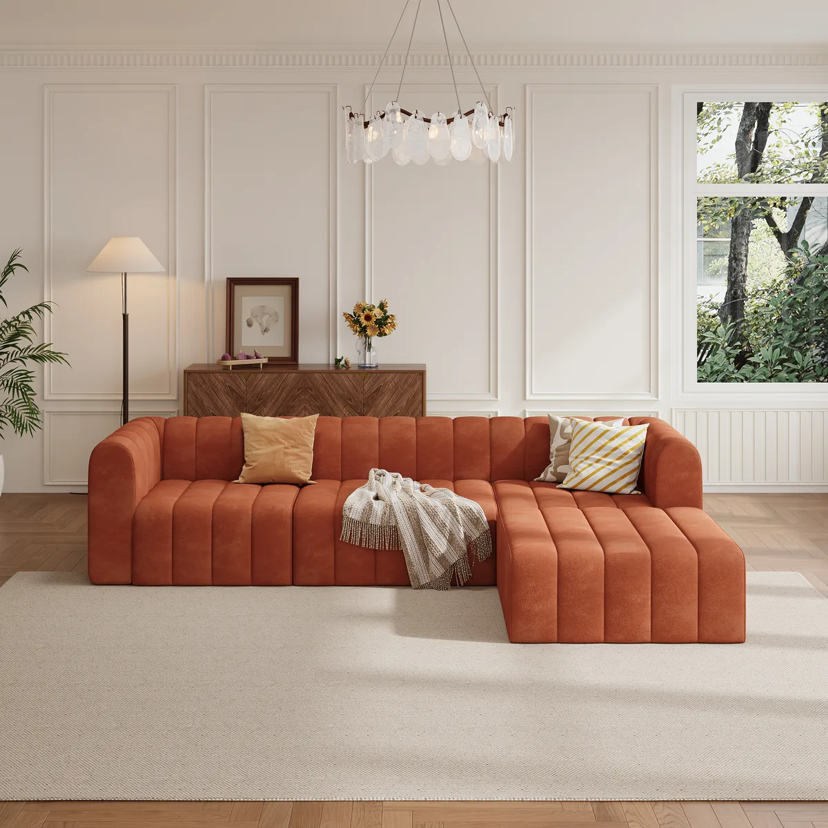 118.9" Velvet Convertible Modular Sectional Sofa Orange Upholstered 6-Seater Sofa Set