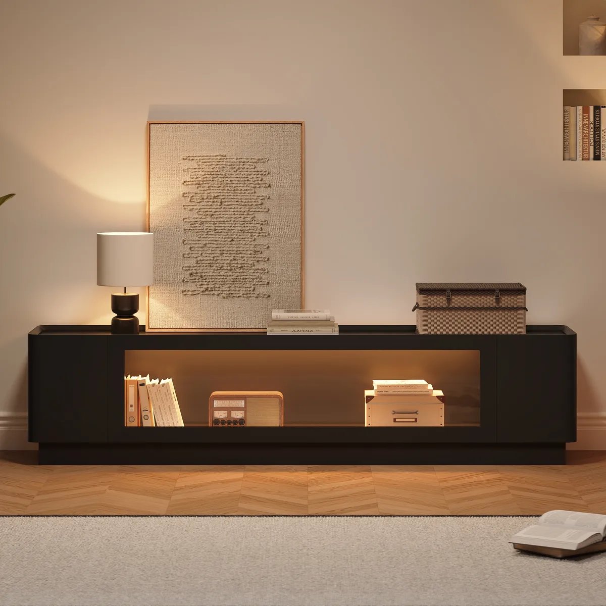 79'' Glass Door TV Stand Mid Century Modern Wood Media Console with Storage & LED — image 3