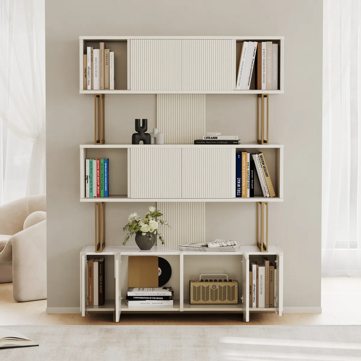 5-Shelf Off-white Bookshelf Etagere Tall Bookcase for Home & Office (72.8" High) — image 17