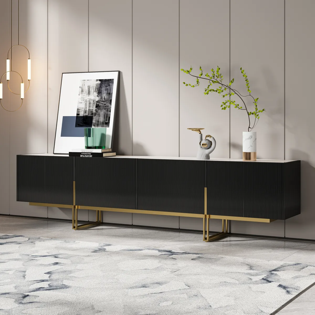 94.5" Living Room Cabinet Set Black TV Stand & Round Glass Nesting Coffee Table with Storage — image 23