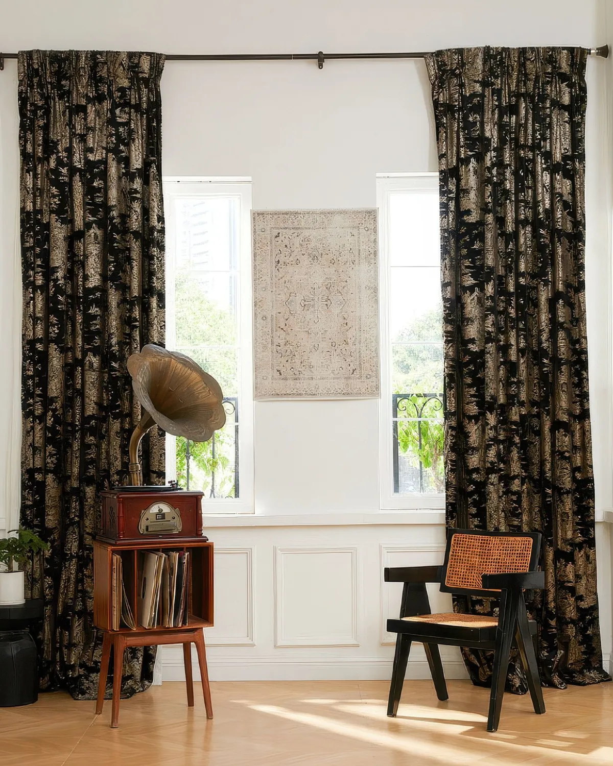 Zen 38 x 123 inch Double French Pinch Pleat Black Velvet Patterned Curtain