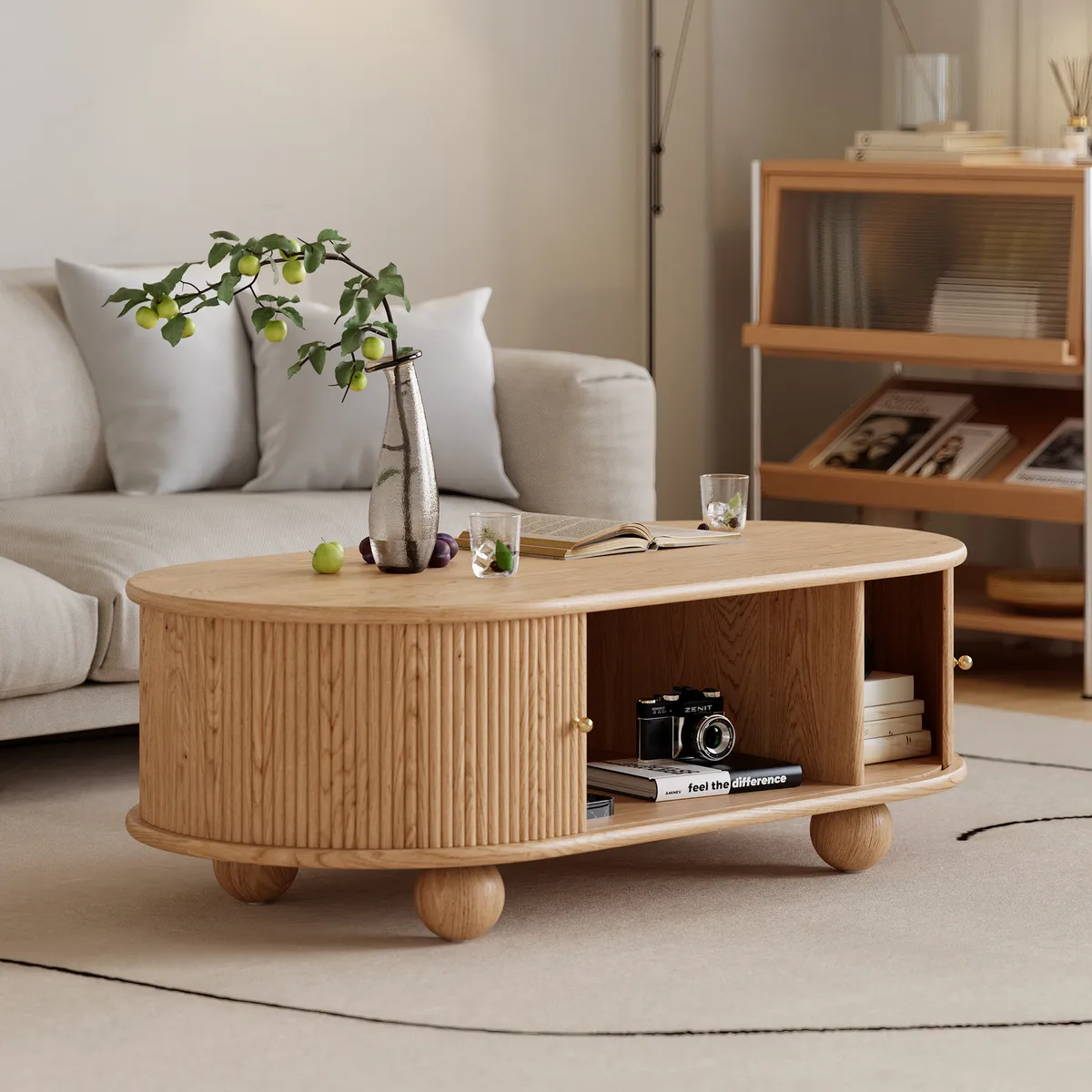 47" Tambour Door Solid Wood Coffee Table with Storage Oval