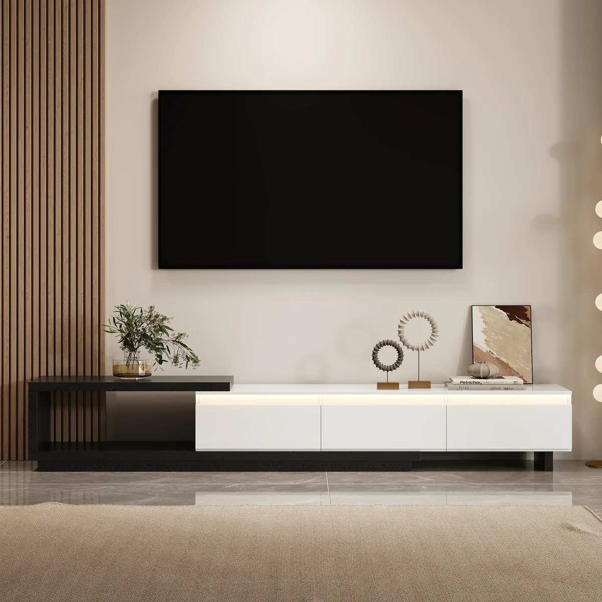 Quoint 100.4" Modern TV Stand Retracted & Extendable 3-Drawer Light Media Console — image 23
