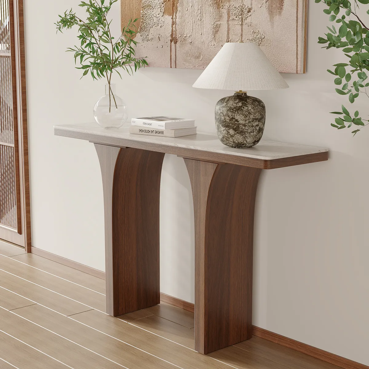 Travertine Veneer Top Console Table Entryway Furniture in Walnut (55" Wide) — image 3
