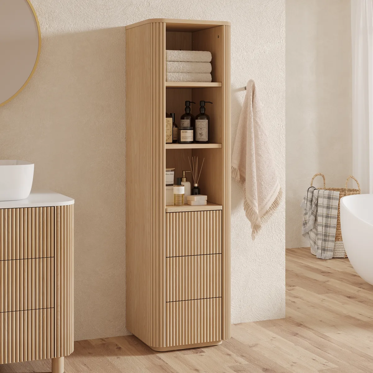 Fluted 58" Bathroom Linen Cabinet with 3 Drawers and Open Shelves — image 2