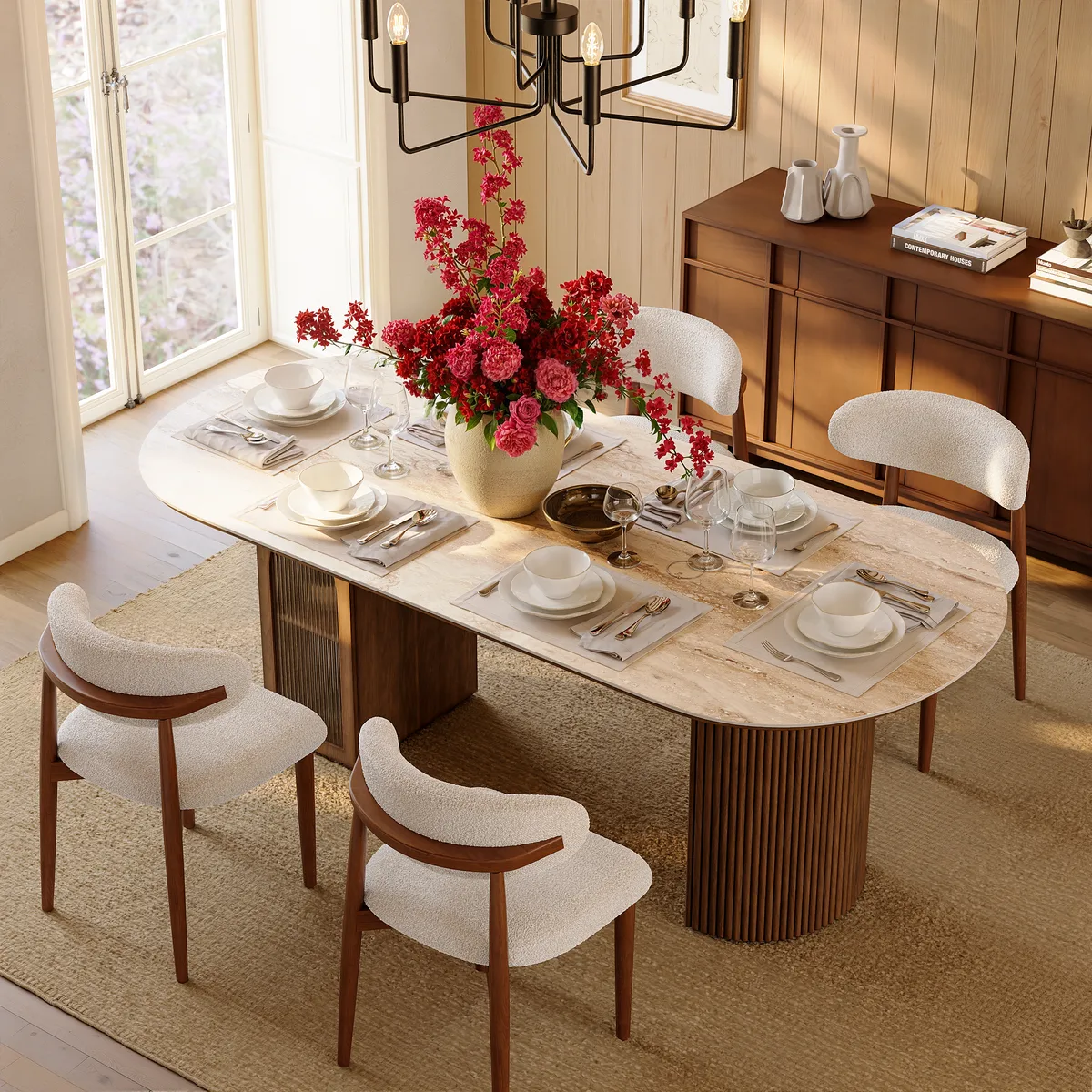 71" Faux Travertine Oval Dining Table with Fluted Base & Storage — image 2