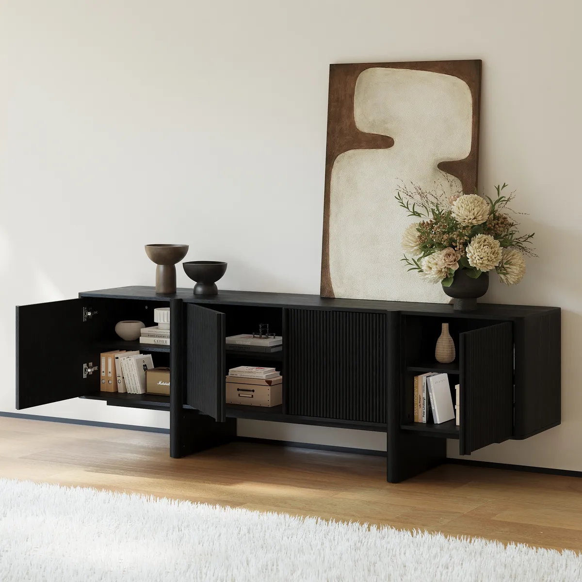 80" Solid Wood Fluted Black TV Stand with Cabinets — image 4