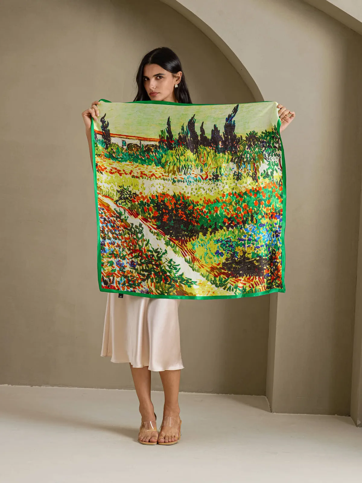 Pure Silk Impressionist Landscape Print Square Scarf - Size 90x90cm — image 3