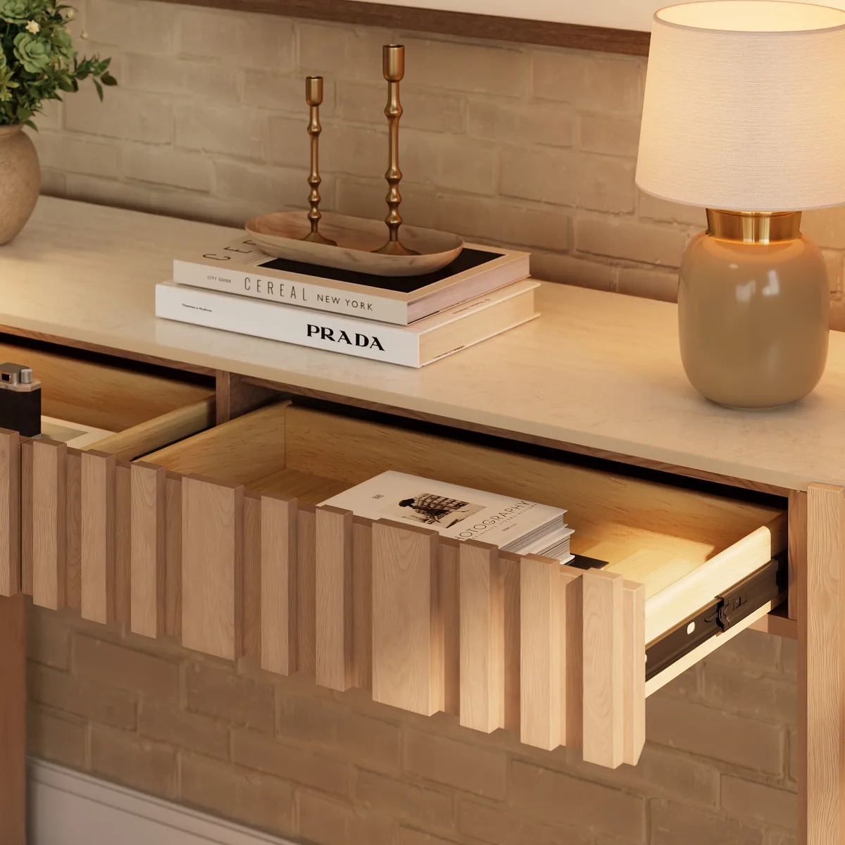 Aura 60" Ash Wood Fluted Black Console Table With Sintered Stone Top — image 15