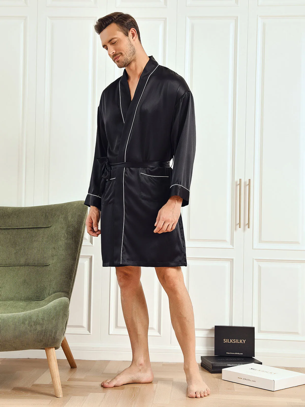 100% Mulberry Silk Classic Kimono Sleeve Men's Robe — image 5