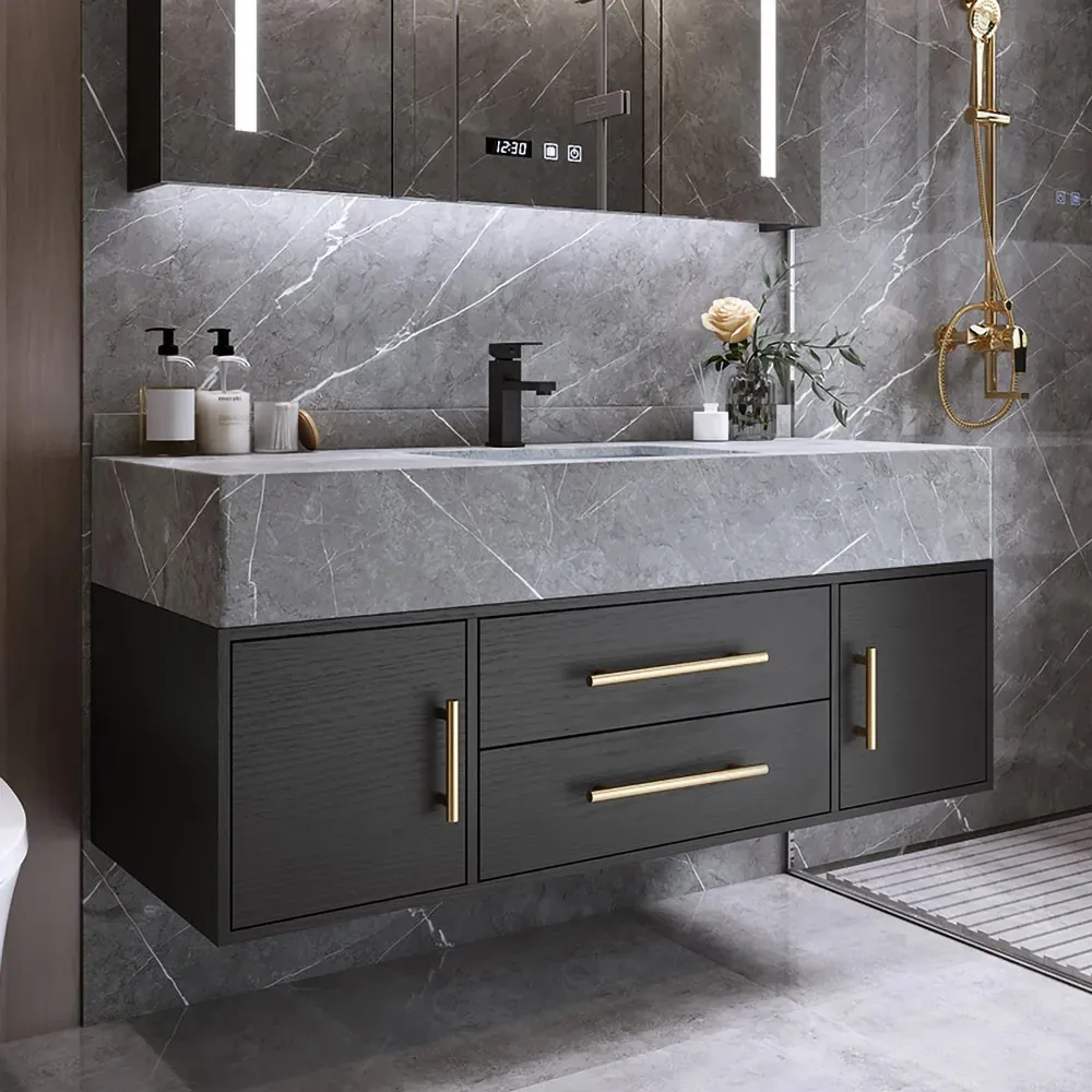 59" Double Sink Bathroom Vanity with Gold Handles – Walnut Modern Floating Vanity