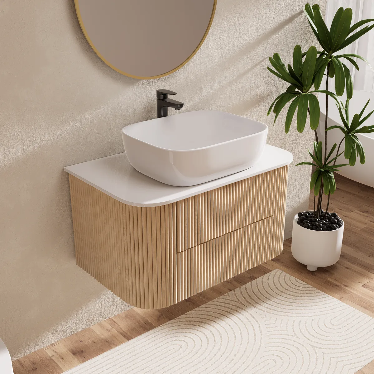 31.5" Floating Fluted Wall mounted Bathroom Vanity Set Cultured Marble Top with Vessel Single Sink & 2 Drawers — image 3